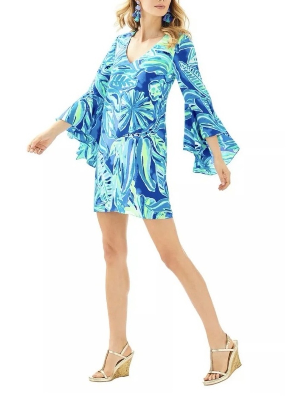 Lilly Pulitzer Green and Blue Bell Sleeve Mini Dress sz 6 - Picture 8 of 8